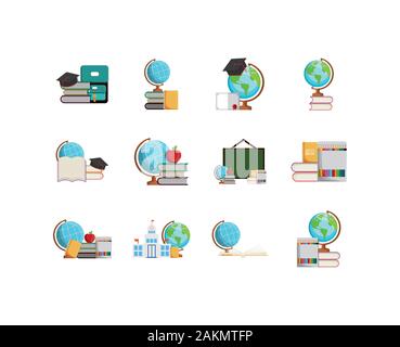 Schule Icon Set Design, Eduaction Klasse Lektion wissen Vorschüler studieren lernen Unterricht und primäre Thema Vector Illustration Stock Vektor