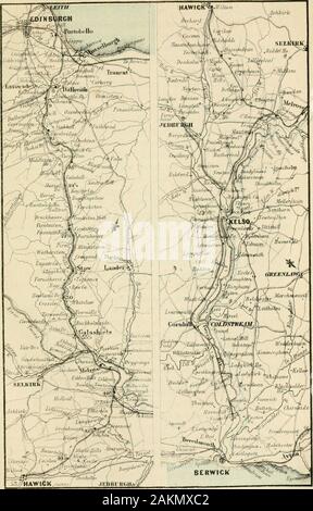 Der Schwarze malerische touristische von Schottland. rging aus dem Tunnel, kurz nach dem Verlassen des thestation in Edinburgh, eine schöne Aussicht, auf der rechten Seite, ofArthurs Sitz, Iloljrood Palast und Ruinen von St. AnthonysChapel. Vorbei an Portobeilo, dem wichtigsten Bewässerung - Ort der Bewohner von Edinburgh, und das Dorf von Dalkeith, theline Röcke aus Gründen der Dalhousie Castle, die in itsprogress eine wunderschöne Aussicht auf die Pentland Hills auf der rechten Seite. In der Nähe von gorebridge Station, auf der linken Seite, sind die Ruinen von Gore-Brücke Burg. Ein wenig über die Station, nachdem Sie throughtwo Kurze tunn Stockfoto