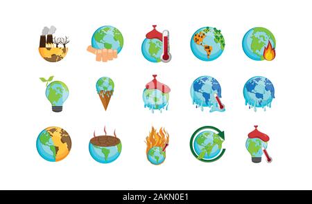 Icon Set Design, Klimawandel globale Erwärmung Umwelt Natur Umweltverschmutzung grün und extreme Gefahr Thema Vector Illustration Stock Vektor