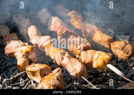 Schaschlik auf Grillgrill über Holzkohle. Shashlik (Spieß) oder Schischkebab ist in Osteuropa und im mittleren Osten beliebt. Braten Sie Fleisch Stockfoto