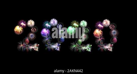 Frohes Neues Jahr 2020. Kreativer Text Happy New Year 2020 Feuerwerk isoliert auf schwarzem Hintergrund für Design. Stockfoto