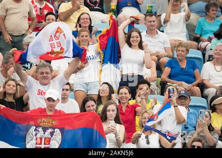 Sydney, Australien. 10 Jan, 2020. Serbische Fans während der 2020 ATP-Finale acht an der Ken Rosewall Arena, Sydney, Australien am 10. Januar 2020. Foto von Peter Dovgan. Credit: UK Sport Pics Ltd/Alamy leben Nachrichten Stockfoto