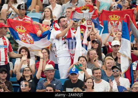 Sydney, Australien. 10 Jan, 2020. Serbische Fans während der 2020 ATP-Finale acht an der Ken Rosewall Arena, Sydney, Australien am 10. Januar 2020. Foto von Peter Dovgan. Credit: UK Sport Pics Ltd/Alamy leben Nachrichten Stockfoto