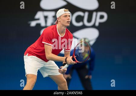 Sydney, Australien. 10 Jan, 2020. Denis Shapovalov von Kanada im Jahr 2020 ATP-Finale acht an der Ken Rosewall Arena, Sydney, Australien am 10. Januar 2020. Foto von Peter Dovgan. Credit: UK Sport Pics Ltd/Alamy leben Nachrichten Stockfoto