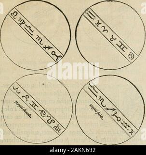 La geomance dv Seigneur de Christofe Cattan, gentilhomme GeneuoysLiure nicht * plaisant & recreatifAuec la roüe de Pythagoras. DE C. DE CATTAN, LIVRE I.35 La Grand moitié du SoleiL Grand moitié de la Lune. Stockfoto