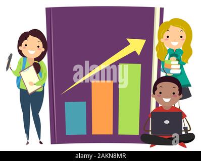 Abbildung: Stickman Jugendmädchen und Guy Studierende mit einer Statistik und Wahrscheinlichkeit Buch mit einem Diagramm in der Abdeckung Stockfoto