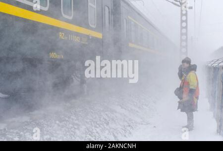 Peking, China. 8 Jan, 2020. Eine Uhr - Halter eines rail Fehlererkennung Team steht Wache, wenn ein Zug vorbeifährt im Nordosten der chinesischen Provinz Jilin auf Jan. 8, 2020. Credit: Xu Chang/Xinhua/Alamy leben Nachrichten Stockfoto