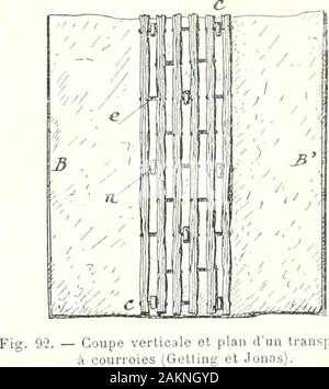 Journal d'Landwirtschaft pratique. la courroie du Transporteur erhalten et Jonas: La courroie G, en lanières de Cuir vert poséesde Champ, est fixée de Ort en place avec lacourroie BB de transport par des Agrafes n Po-sées sur les entretoises^; les trois Galets rr fontprendre à la courroie La forme dune Auge B Brecevant les Matières M à Transporter; ces galetssont fixés sur une monture m et sind pourvusde graisseurs g à graisse consistante. Le brin deretour du Transporteur passe à Plat sur descylindres à Ax horizontal, qui peuvent être enbois ou en Fonte; le diamètre de ces Galets etcylindres Stockfoto