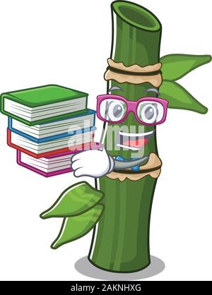 Cool und clever Student Bambus Maskottchen Karikatur mit Buch Stock Vektor