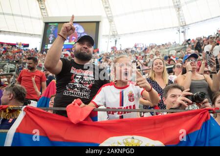 Sydney, Australien. 10 Jan, 2020. Serbische Fans während der 2020 ATP-Finale acht an der Ken Rosewall Arena, Sydney, Australien am 10. Januar 2020. Foto von Peter Dovgan. Credit: UK Sport Pics Ltd/Alamy leben Nachrichten Stockfoto