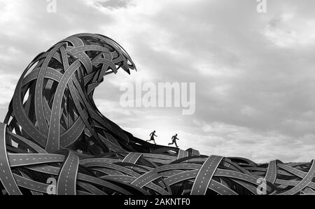 Business weg Herausforderungen und Unsicherheiten in einer Unternehmenskrise oder Transport Verwirrung als Weg Strategie. Stockfoto