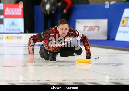 London, Ontario, Kanada. 9. Januar, 2020. Und der Western fair Sports Complex host die 2020 OK Reifen & BKT Reifen Continental Cup in einem 4-tägigen Turnier. Nach dem ersten Tag der Europäer spielen eine dominierende 7-2 Leitung über die Kanadier. Team Canada John Epping aus Toronto Ontario spielen für Team Epping Lukas Durda/Alamy Leben Nachrichten. Stockfoto