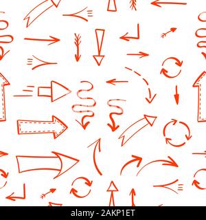 Nahtlose Muster mit unterschiedlichen rote Hand Pfeile auf weißem Hintergrund dargestellt. Doodle Vector Illustration. Stock Vektor