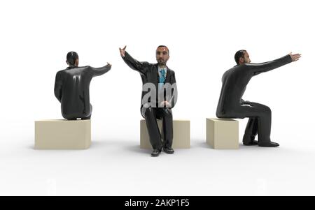 3D-Rendering eines Geschäfts Mann sitzt auf einem Block, der auf einem weißen Hintergrund. Stockfoto