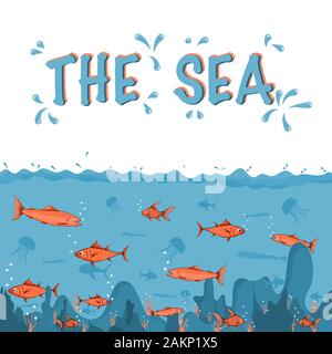 Deep Ocean Hintergrund und kopieren Sie Platz für Text. Meereslebewesen in Unterwasser. Vector Illustration Cartoon. Stock Vektor