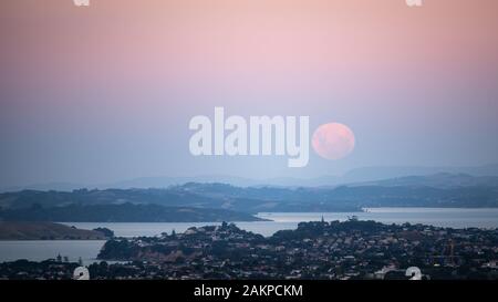 Supermoon steigen über Auckland, gesehen vom Mount Eden Stockfoto