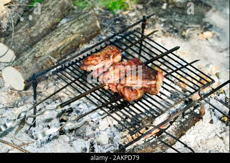 Fleisch auf einer Spießrutenwand und dem Gitter, gekocht über einem offenen Feuer auf dem Grill. Campingküche in der Natur Stockfoto