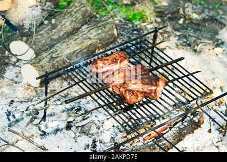 Fleisch auf einer Spießrutenwand und dem Gitter, gekocht über einem offenen Feuer auf dem Grill. Campingküche in der Natur Stockfoto