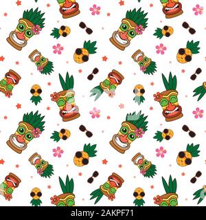 Nahtlose Patten hawaiian Konzept mit Ananas und Tiki Becher. Kreative muster textur für Gewebe, Verpackung, Textil, Tapeten, Bekleidung. Stock Vektor