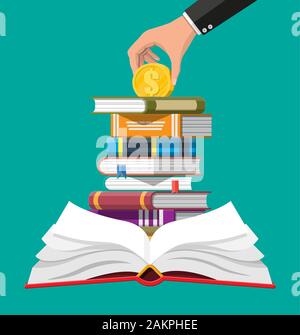 Buch und die Goldmünze in der Hand öffnen Stock Vektor