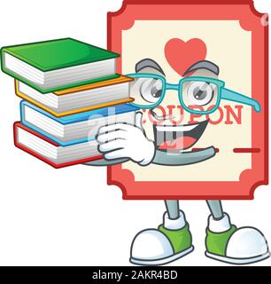 Cool und clever Student rot Liebe gutschein Maskottchen Karikatur mit Buch Stock Vektor