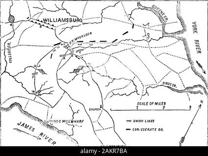 Kampagnen der Armee des Potomac [elektronische Ressource] : Eine kritische Geschichte der Operationen in Virginia, Maryland und Pennsylvania, vom Beginn bis zum Ende des Krieges 1861-5. ed Die enemysprepared Position vor Williamsburg, zwölf Meilen fromYorktown. Die Halbinsel hier Verträge, und der Ansatz - ing Staats zwei Nebenflüssen des York und James riversform eine Art der Landenge, auf der die zwei roadsleading von Yorktown zu Williamsburg vereinen. Commandingthe debuuclie wurde eine umfangreiche Arbeit mit einer Bastion vorne, namens Fort Magruder, und nach rechts und links, auf die Pr Stockfoto