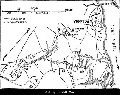 Kampagnen der Armee des Potomac [elektronische Ressource] : Eine kritische Geschichte der Operationen in Virginia, Maryland und Pennsylvania, vom Beginn bis zum Ende des Krieges 1861-5. Die Halbinsel Kampagne. 101 in West Point vereinen. Bichmond, das Ziel der Opera- tionen der Armee des Potomac, befindet sich auf dem linken Ufer des theJames, an der Spitze der Navigation, und auf dem Land ist distantseventy - fünf Meilen von der Festung Monroe. Von der Festung Monroe wurde der Vorschuß in twocolumns - Allgemeine Keyes mit der Vierten Corps (Abteilungen ofCouch und Smith) die Linke gebildet; Allgemeine Heintzelmanwith t Stockfoto