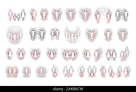 Großen Satz von verschiedenen Personen Umrisse Silhouetten mit wichtigen rot markieren, einfache Symbole auf Weiß Stock Vektor