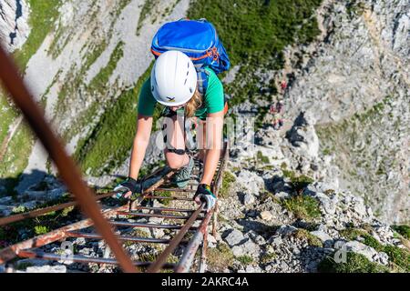 Bergsteiger auf einem Klettersteig hinunter über Leiter, mittenwalder Klettersteig, Karwendel, Mittenwald, Deutschland Stockfoto