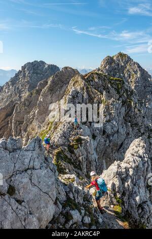 Bergsteiger auf einem gesicherten Klettersteig, Mittenwald Klettersteig, Karwendel, Mittenwald, Deutschland Stockfoto