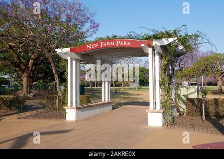 Blick auf den schönen Holzfußgängereingangspfad im New Farm Park in Brisbane, Australien Stockfoto