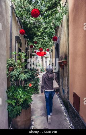 Über Sciacca Gasse im alten Teil von Randazzo Stadt und Gemeinde in der Metropole von Catania, Sizilien, Süditalien Stockfoto