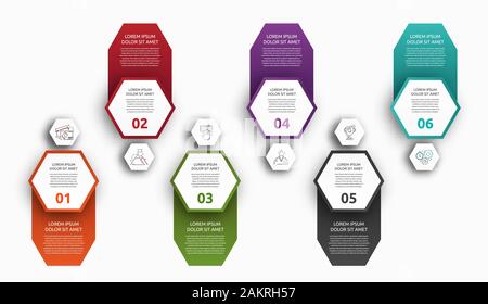 Vektor Infografik mit 6 Sechsecke mit Etiketten. Für sechs Diagramme, Graphen, Flussdiagramm, Timeline, Marketing, Präsentation verwendet. Creative Business Konzept Stock Vektor