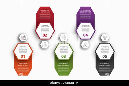 Vektor Infografik mit 5 Sechsecke mit Etiketten. Für fünf Diagramme, Graphen, Flussdiagramm, Timeline, Marketing, Präsentation verwendet. Creative Business Konzept Stock Vektor