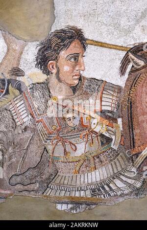 Neapel. Italien. Detail von Alexander dem Großen auf dem Pferd, Alexander Mosaikboden aus dem Haus des Faun in Pompeji, (Ca. 120 v. Chr.), Museo Archeologico Stockfoto