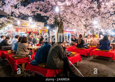 KYOTO, JAPAN - 7. April 2017: Japan Massen genießen die Kirsche Frühlingsblüten in Kyoto durch Teilhabe an saisonalen Nacht Hanami Festivals im Maruyama-Park Stockfoto