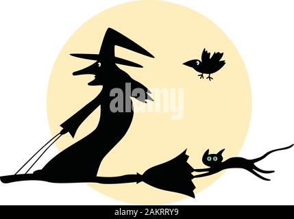 Hexe und ihre Katze fliegen auf einem Besen Stock Vektor