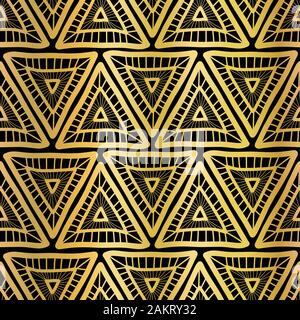 Golden Triangle nahtlose Vektor Muster. Boho style Dreiecke Hintergrund. Tribal ethnischen Blattgold Motive auf Schwarz. Geometrische Formen wiederholen Fliese für Stock Vektor