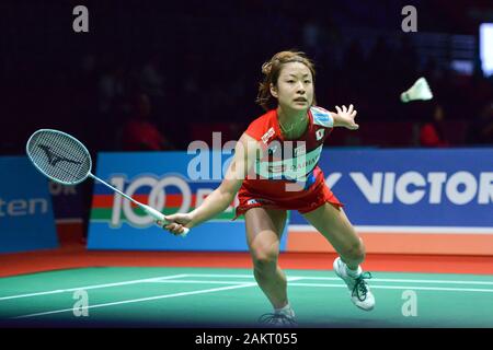 Kuala Lumpur, Malaysia. 10 Jan, 2020. Okuhara Nozomi von Japan konkurriert während der Frauen singles Viertelfinalegleichen gegen Er Bingjiao von China Malaysia Meister Badminton Turnier in Kuala Lumpur, Malaysia, Jan. 10, 2020 2020. Credit: Chong Voon Chung/Xinhua/Alamy leben Nachrichten Stockfoto