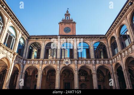 Archiginnasio in Bologna Universität Gebäude, die älteste Universität der Welt in Bologna, Hauptstadt und größte Stadt der Region Emilia Romagna, Italien Stockfoto