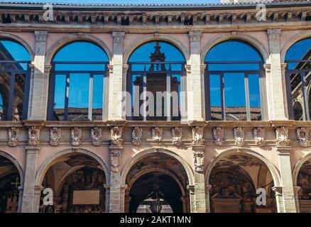 Archiginnasio in Bologna Universität Gebäude, die älteste Universität der Welt in Bologna, Hauptstadt und größte Stadt der Region Emilia Romagna, Italien Stockfoto