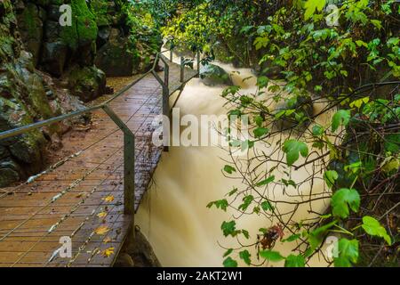 Der starke Winter Wasserdurchfluss in den Banias River (nachal Hermon). Teil des Banias Nature Reserve, im Norden Israels. Lange Belichtung Stockfoto