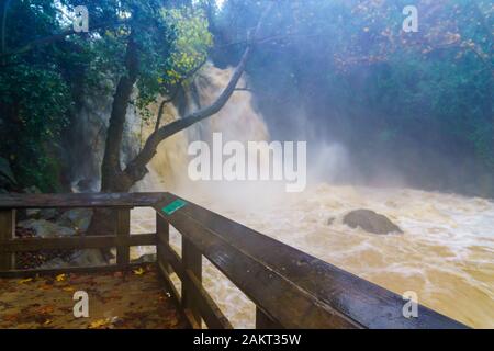 Der starke Winter Wasserdurchfluss in den Banias Wasserfall. Teil des Banias Nature Reserve, im Norden Israels Stockfoto