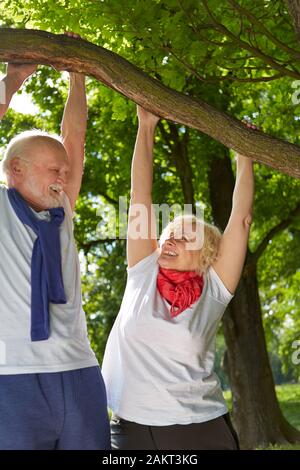 Zwei Senioren tun Fitness Übung auf den Baum in der Natur Stockfoto