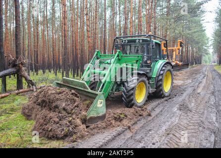 10. Januar 2020, Brandenburg, Grünheide: einen Traktor aus der Landesbetrieb Forst Brandenburg arbeitet an der Entwicklung eines Waldes Pfad auf dem künftigen Standort des Tesla-Gigafactory. In einem großen Wald, östlich der A10 Berliner Ring (Autobahn, die uns elektrische Auto hersteller Tesla plant ein gigafactory zu errichten. In einer ersten Phase ab Sommer 2021, 150 000 Modell 3 und Y Elektroautos sind es jährlich gebaut werden. Foto: Patrick Pleul/dpa-Zentralbild/dpa Stockfoto