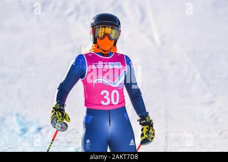 LAUSANNE, Schweiz. 10. Jan 2020. Daisi Daniels von Großbritannien konkurriert in Ski Alpin: Super-G der Frauen während der Lausanne 2020 Youth Olympic Games in der Vaudoise Arena am Freitag, den 10. Januar 2020. LAUSANNE, Schweiz. Credit: Taka G Wu/Alamy leben Nachrichten Stockfoto