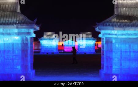 Shenyang, Provinz Liaoning, China. 9 Jan, 2020. Eine touristische Blick Eisskulpturen am Qipanshan Scenic Area in Shenyang, Provinz Liaoning im Nordosten Chinas, Jan. 9, 2020. Credit: Yang Qing/Xinhua/Alamy leben Nachrichten Stockfoto