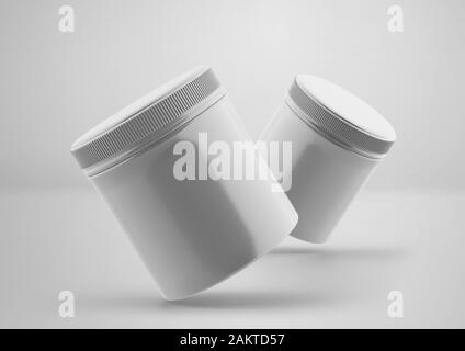 Weiße, cremefarbene Plastikbecher, 3D-Rendering, isoliert auf hellem Hintergrund, durchsichtiger, leerer Kunststoffbehälter für Ihr Design Stockfoto