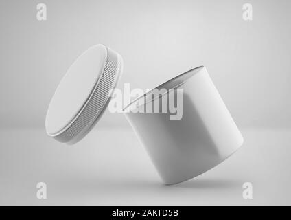 Weiße, cremefarbene Plastikbecher, 3D-Rendering, isoliert auf hellem Hintergrund, durchsichtiger, leerer Kunststoffbehälter für Ihr Design Stockfoto