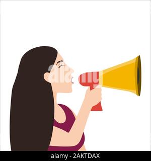 Frau spricht in einem soliden Megaphon isoliert auf weißem Stock Vektor
